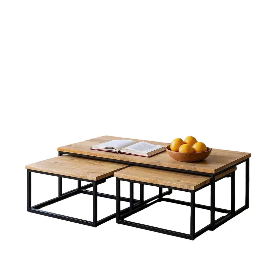Set de 3 mesas de centro en madera de mango y metal color natural 130x60x40cm - Ixia - 615298IX - foto-transparente