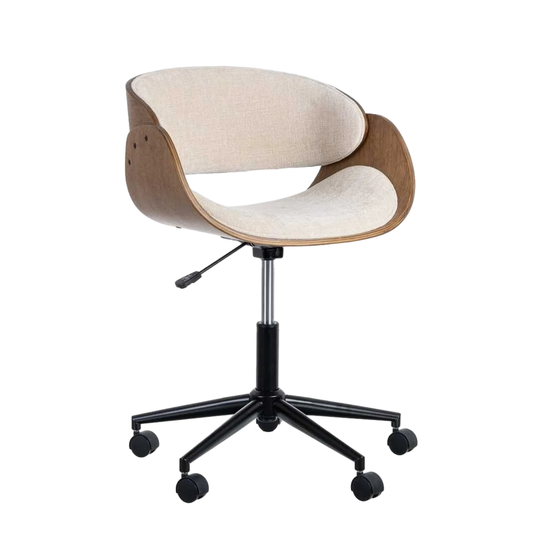 Silla giratoria con ruedas en tejido crema y marrón respaldo en madera nogal patas negras regulable en altura 59x64x88cm - Ixia - 615337IX - foto-transparente