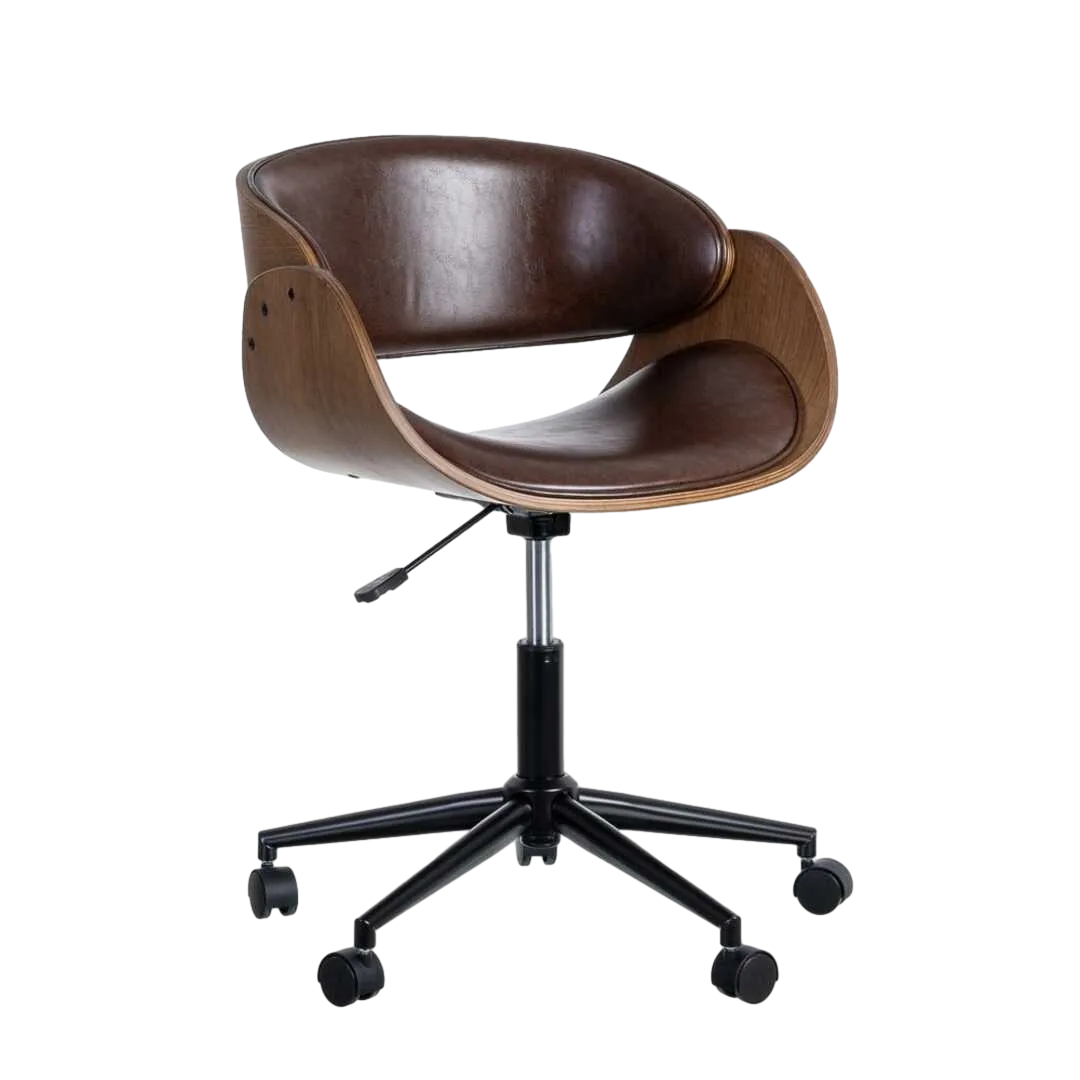 Silla con ruedas marrón en madera y símil piel giratoria 360º patas de nilón 59x64x88cm - Ixia - 615338IX - foto-transparente