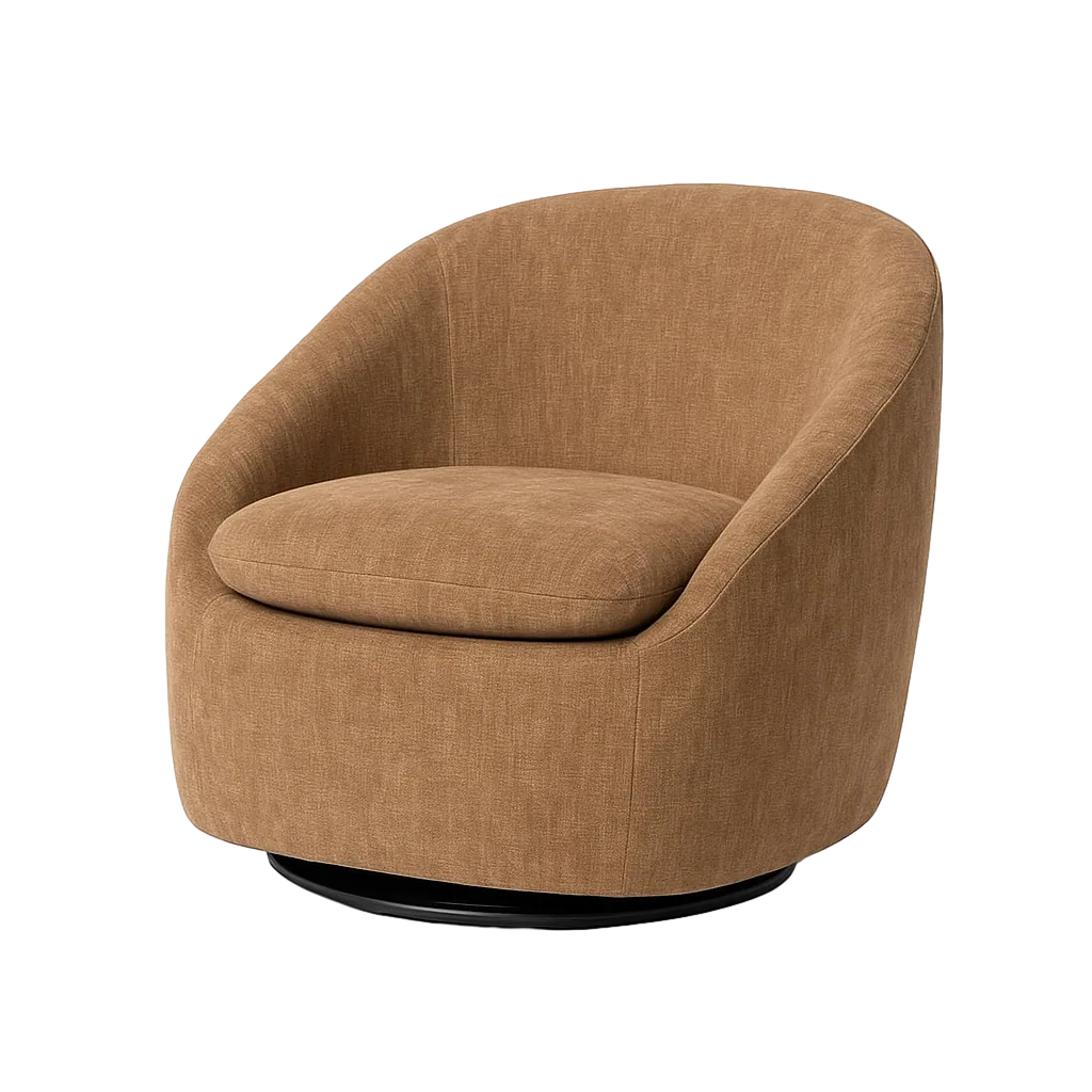 Sillón giratorio tapizado en tejido taupe estructura de madera conglomerada y hierro relleno de foam y base metálica 72x63x73cm - Ixia - 615436IX - foto-transparente