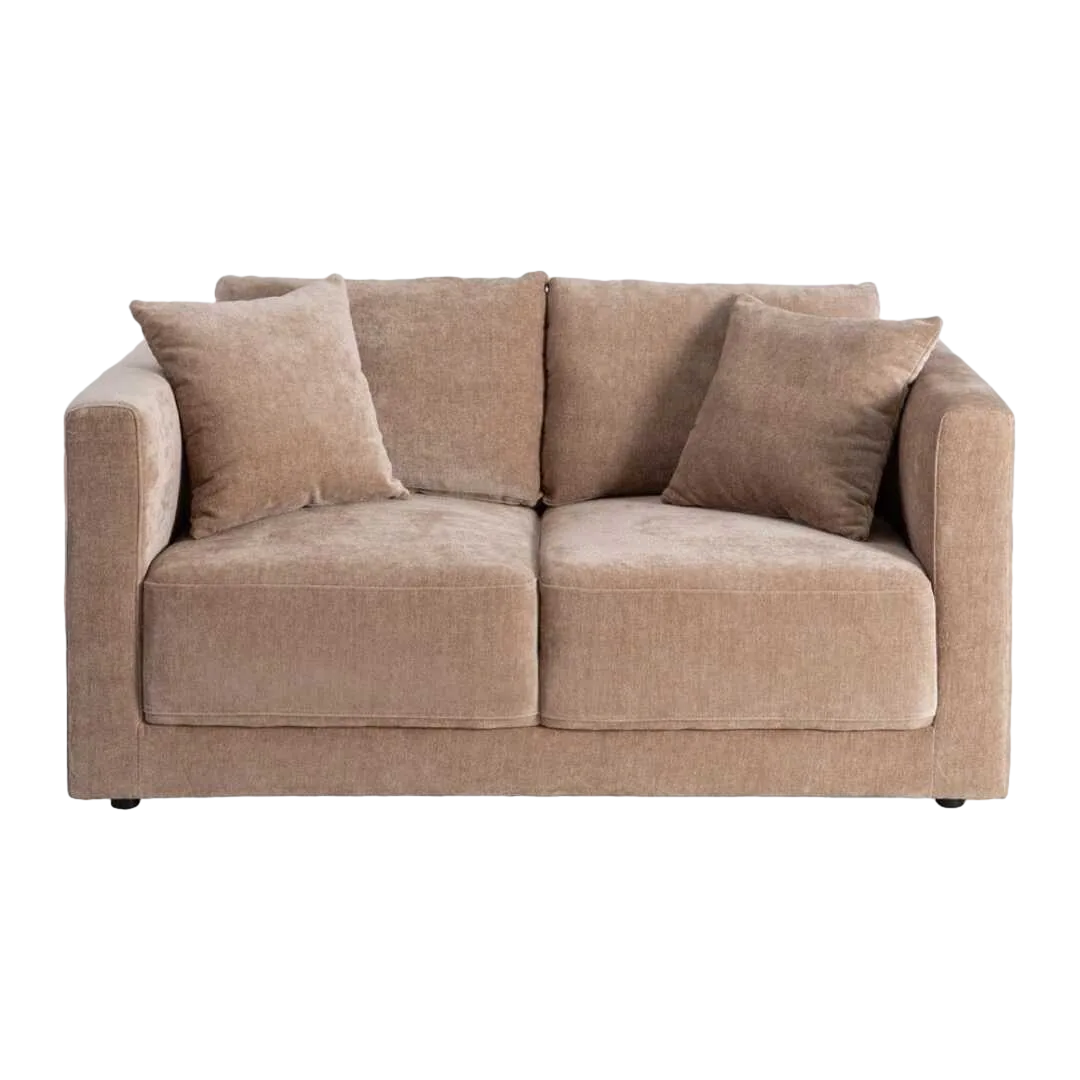 Sofá 2 plazas tapizado en tejido 100% poliéster color taupe con estructura en madera conglomerada y patas de madera de caucho 165x96x86cm - Ixia - 615446IX - foto-transparente