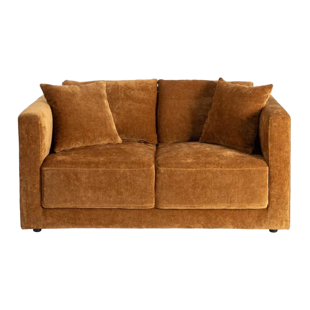 Sofá 2 plazas tapizado en tejido ocre con estructura de madera cojines desenfundables patas madera de caucho 165x96x86cm - Ixia - 615448IX - foto-transparente