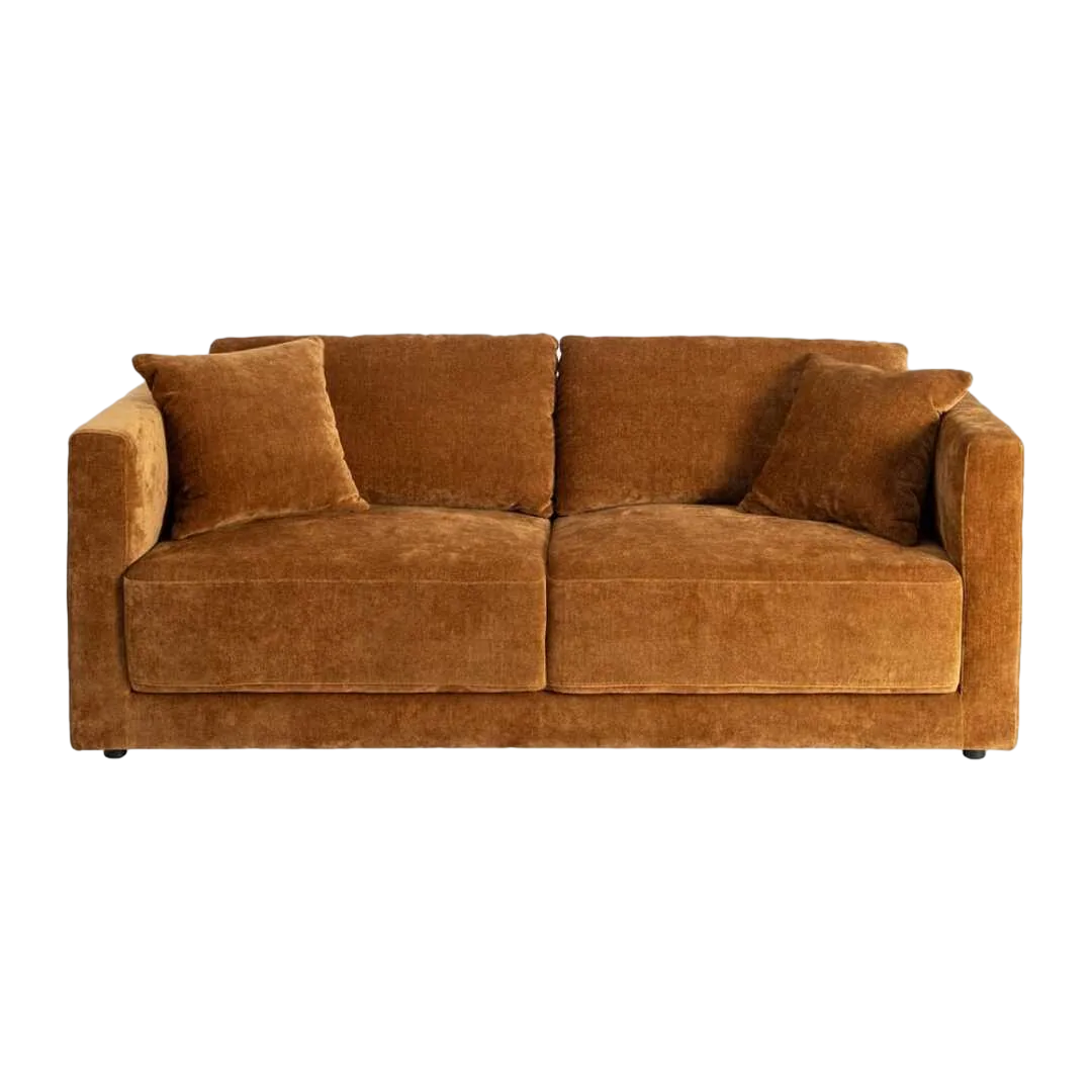 Sofá 3 plazas ocre tapizado en tejido con estructura en madera cojines traseros y laterales desenfundables patas en madera de caucho 210x96x86cm - Ixia - 615449IX - foto-transparente