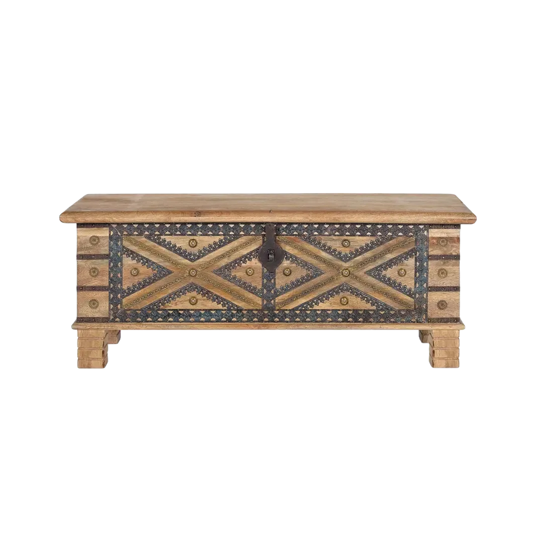 Baúl en madera de mango acabado natural con amplio espacio de almacenamiento 116x40x45cm - Giner y Colomer - 6154GYC - foto-transparente