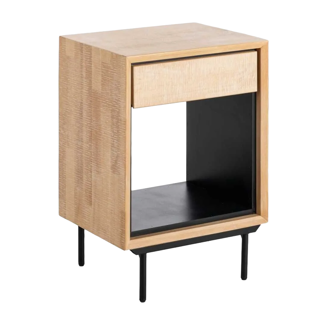 Mesita natural y negra en madera con patas de hierro y cajón 50x40x70.50cm - Ixia - 615681IX - foto-transparente