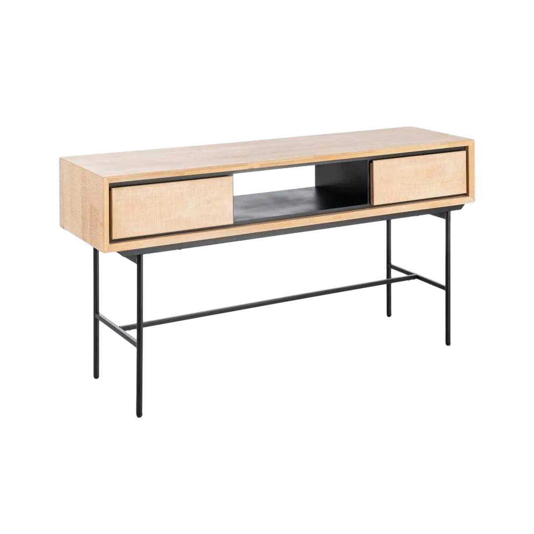 Escritorio natural y negro en madera y metal con cajones 150x40x74cm - Ixia - 615684IX - foto-transparente