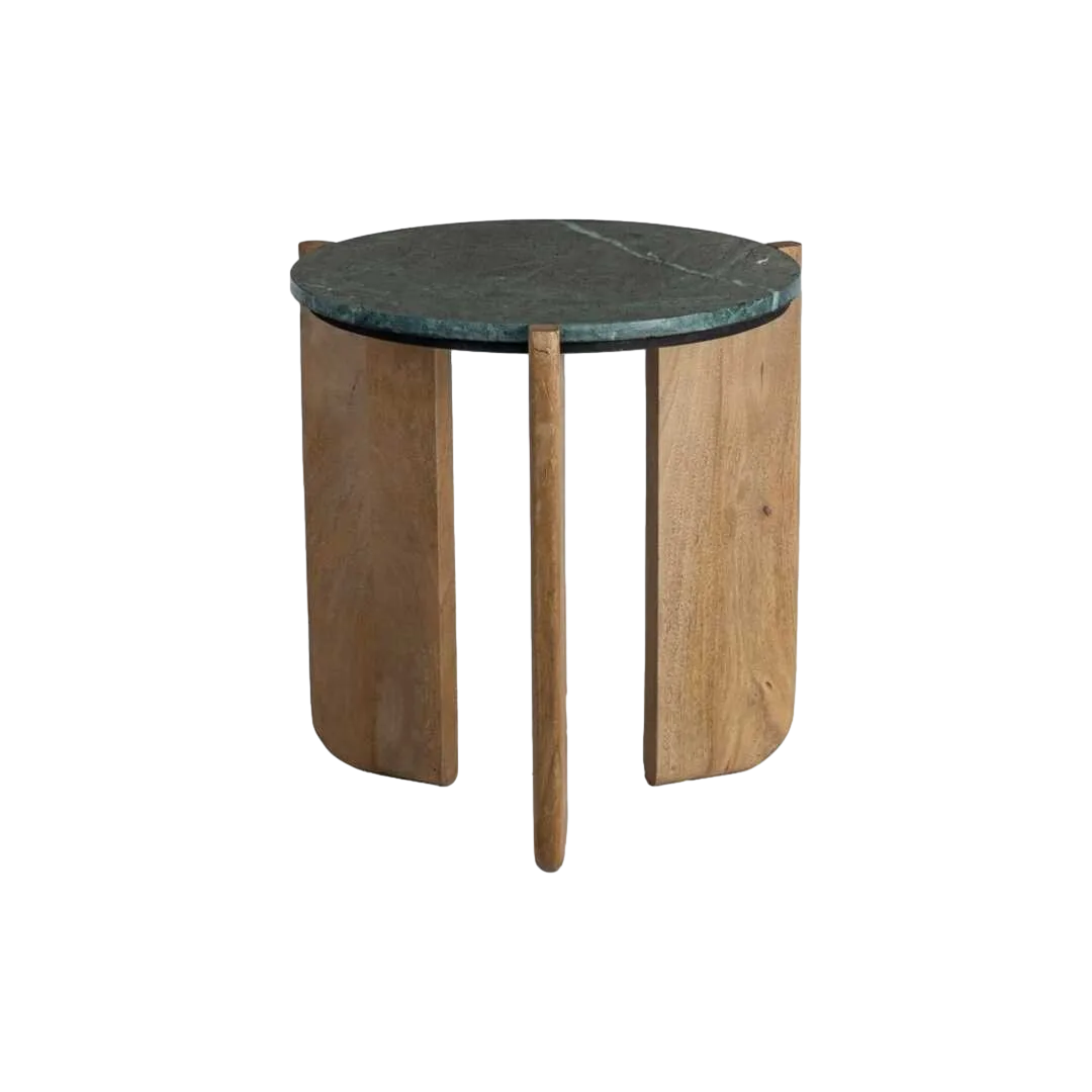 Mesa auxiliar en madera de mango con sobre de mármol color natural y verde 46x46x50cm - Ixia - 615814IX - foto-transparente