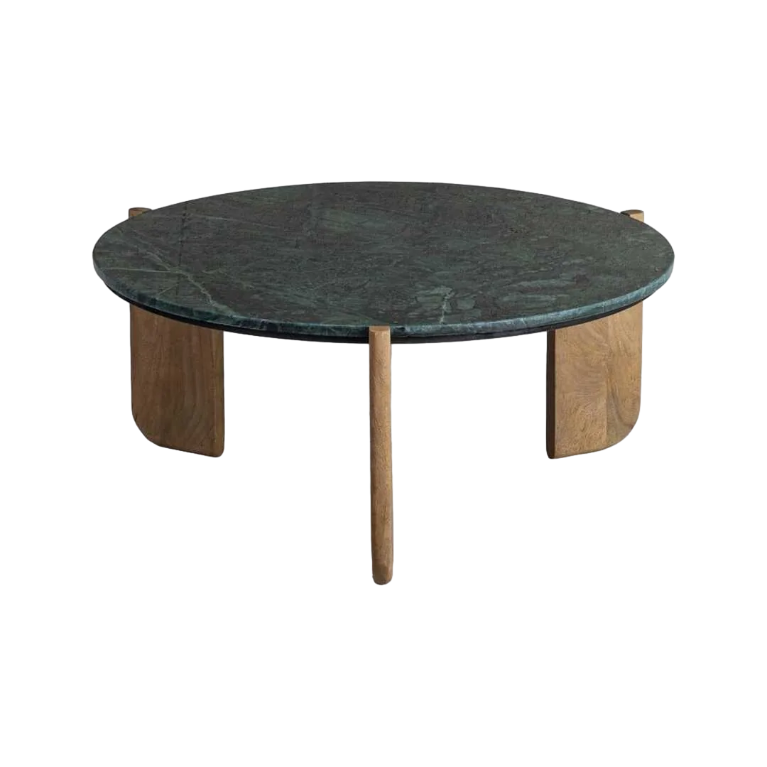 Mesa de centro natural y verde en madera de mango con sobre de mármol 80x80x35cm - Ixia - 615815IX - foto-transparente