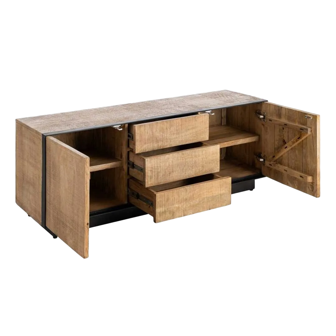 Mueble TV Ohio madera de mango natural y hierro con puertas y cajones - Ixia 150x44x55cm - Ixia - 615820IX - foto-transparente