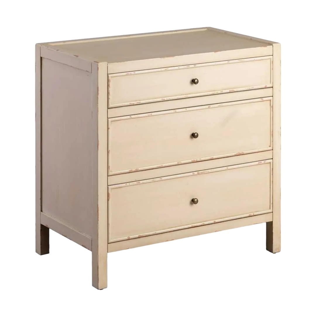 Mesita en madera de abeto y DM color blanco rozado 3 cajones 65x40x65cm - Ixia - 615912IX - foto-transparente