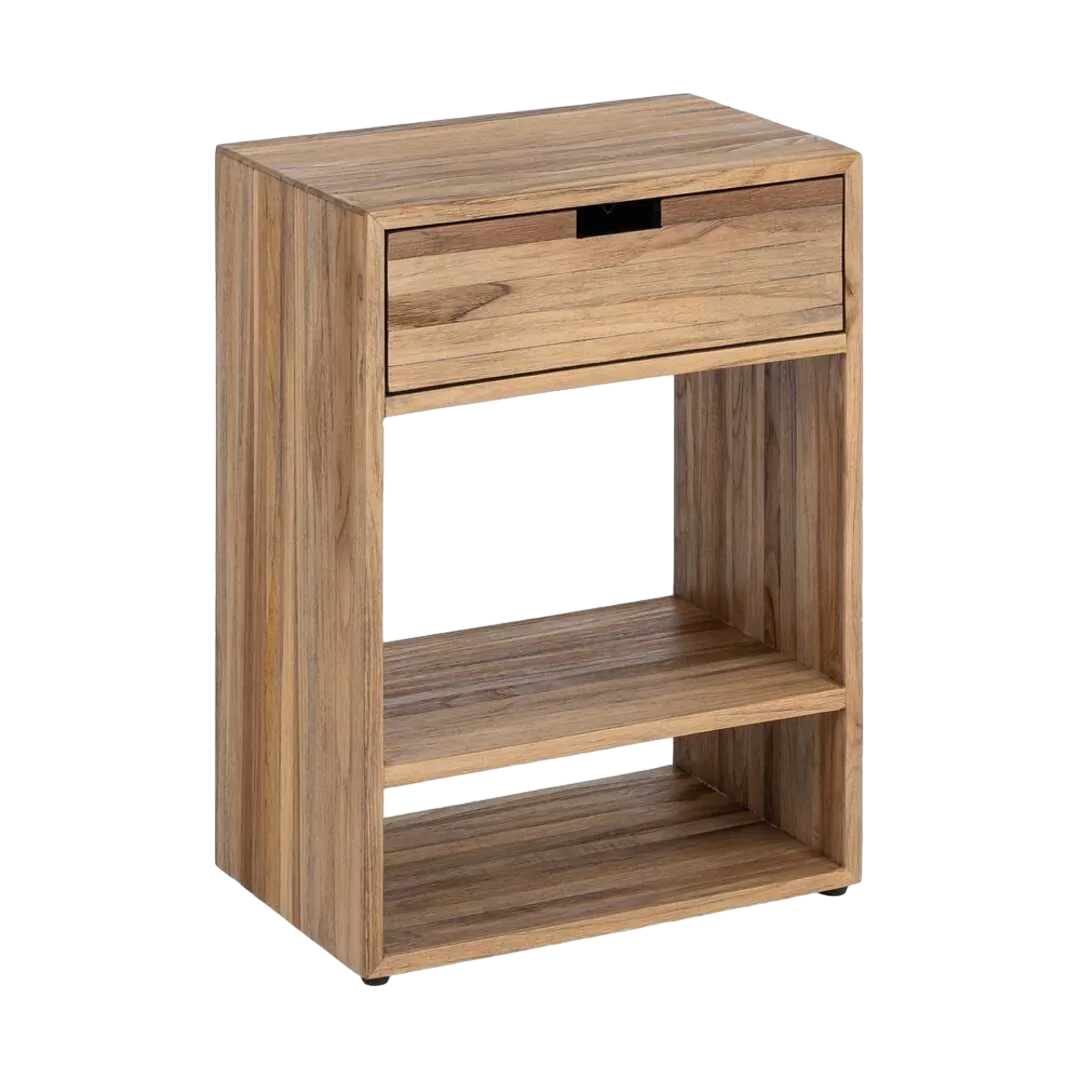 Mesita de salón en madera de teca reciclada natural con cajón y dos huecos 45x30x60cm - Ixia - 616009IX - foto-transparente