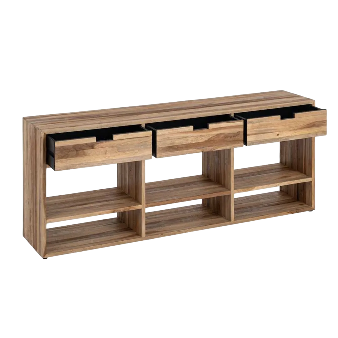 Mueble TV natural en madera de teca reciclada con cajones y huecos 140x30x55cm - Ixia - 616010IX - foto-transparente