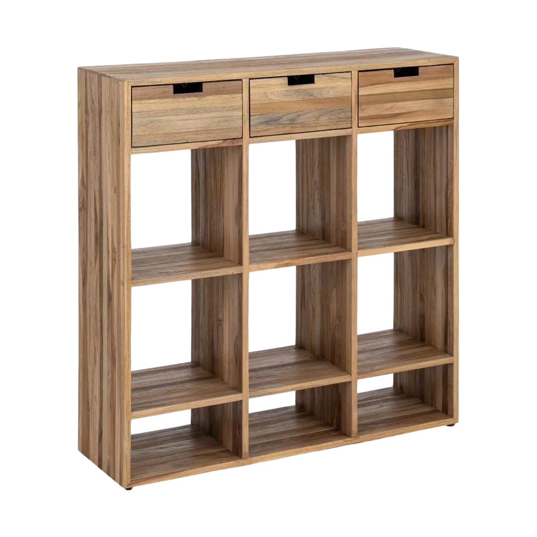 Mueble auxiliar en madera de teca reciclada color natural con cajones y huecos 96x30x98cm - Ixia - 616011IX - foto-transparente