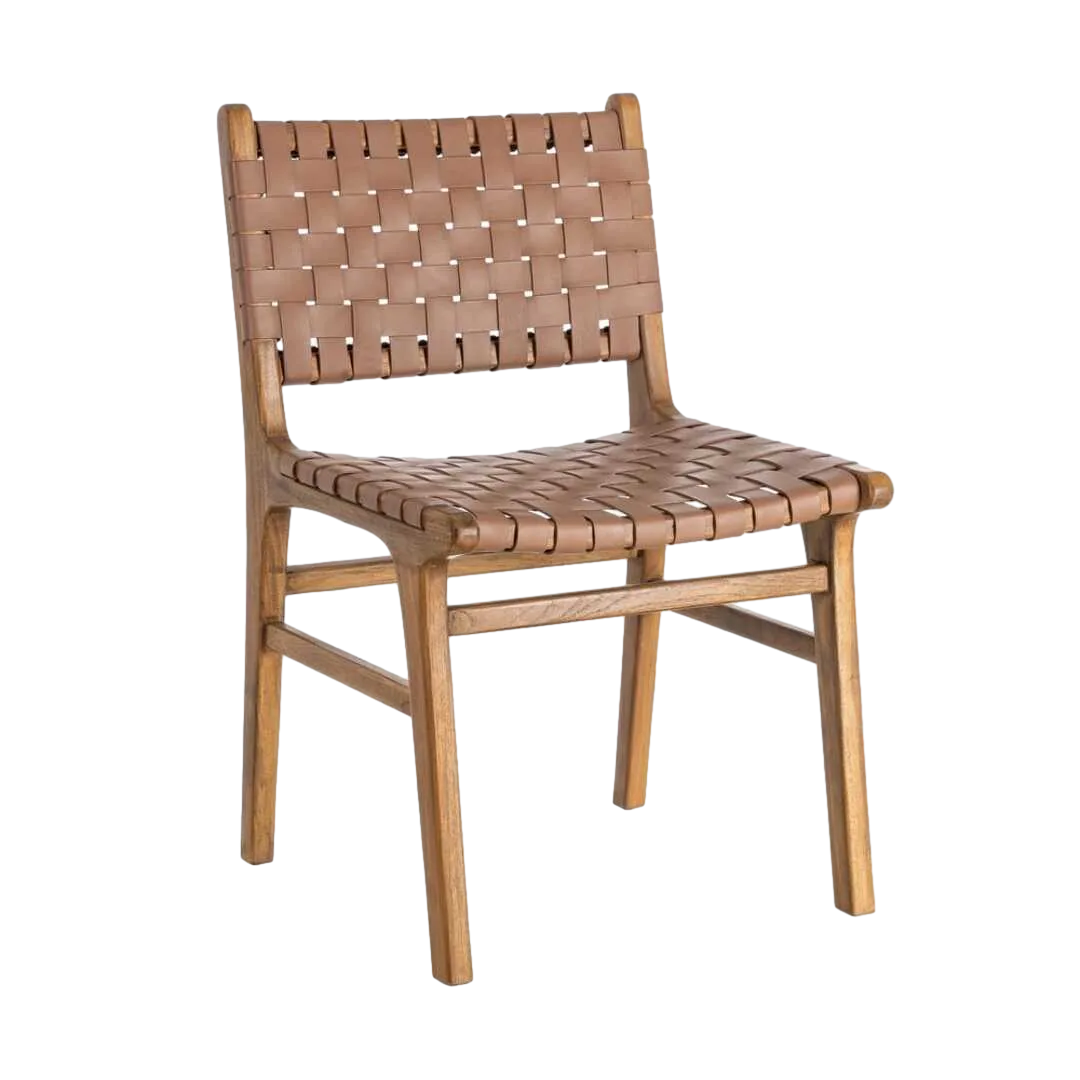 Silla de madera de teca y piel marrón para salón 50x56x87cm - Ixia - 616012IX - foto-transparente