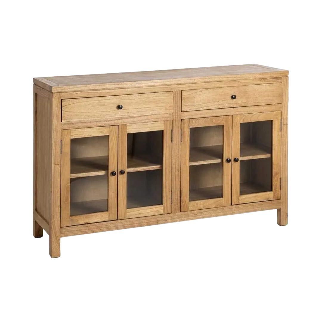 Aparador natural en madera de mindi con cristal para salón 140x40x89cm - Ixia - 616130IX - foto-transparente