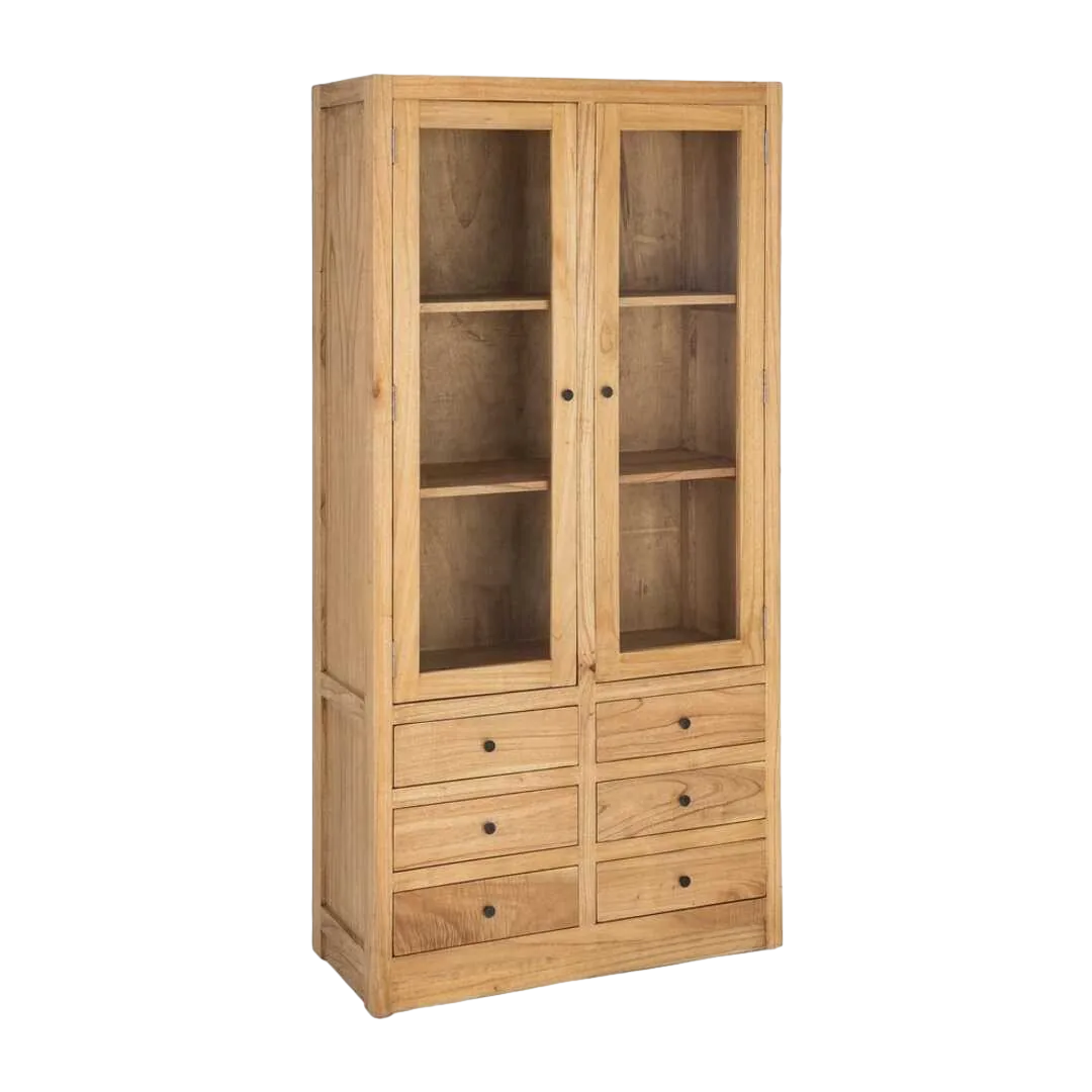 Vitrina de madera de mindi natural con puertas de cristal y cajones para salón 90x40x180cm - Ixia - 616132IX - foto-transparente