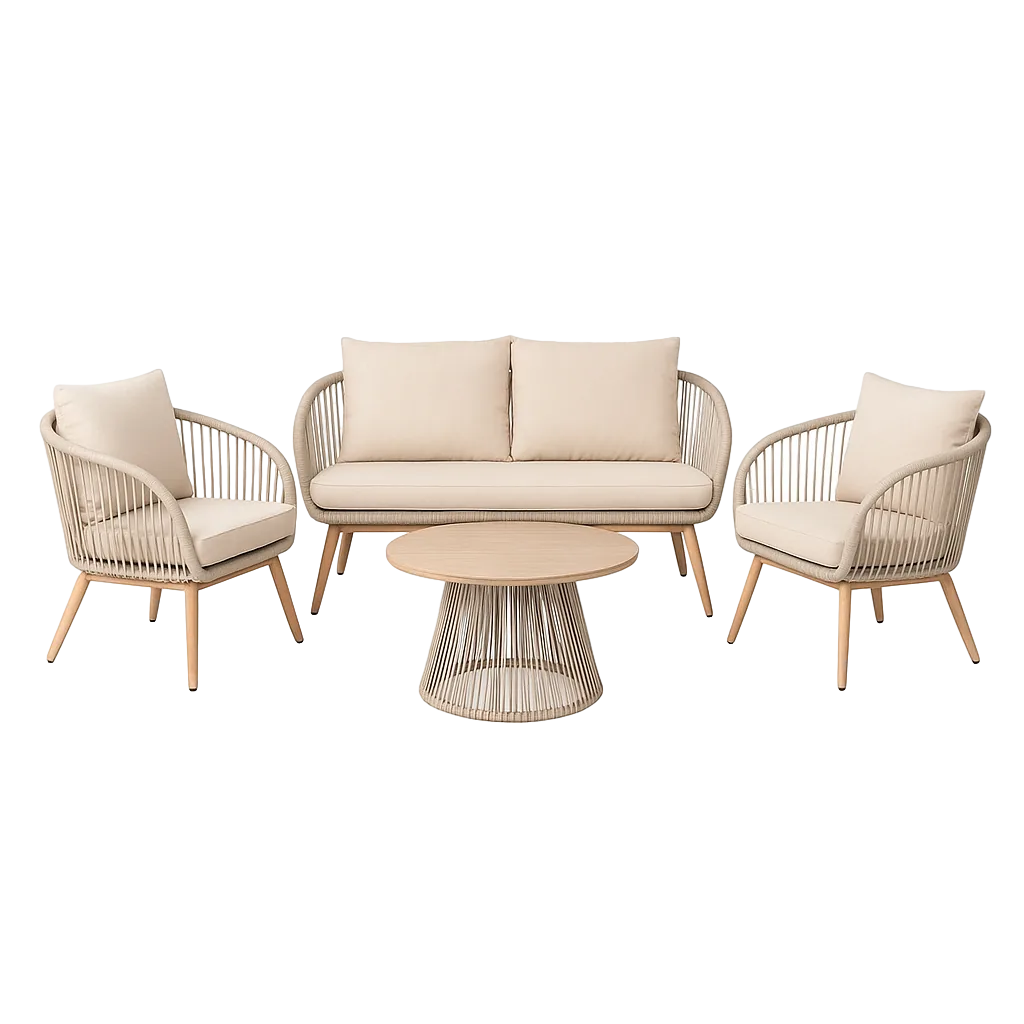 Conjunto jardín Duna en acero y ratán PE con sofá 2 sillones y mesa de centro con tablero polywood y tejido 100% olefina 1x0x0cm - Ixia - 616184IX - foto-transparente