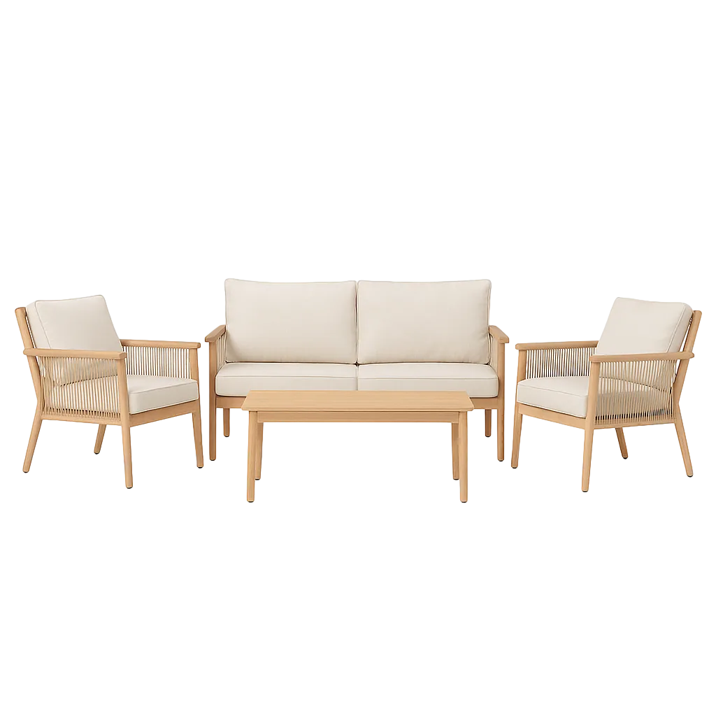 Conjunto jardín Salina sofá 2 sillones y mesa centro acero y rattán PE con tablero de piedra sinterizada 1x0x0cm - Ixia - 616185IX - foto-transparente