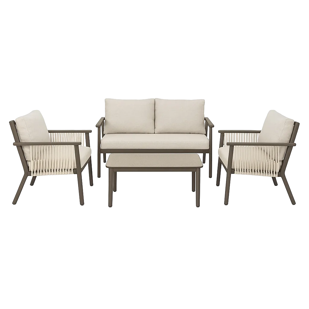 Conjunto de jardín Cala en acero y ratán PE con 1 sofá 2 sillones y mesa centro con tablero de piedra sinterizada y cojines desenfundables 1x0x0cm - Ixia - 616186IX - foto-transparente