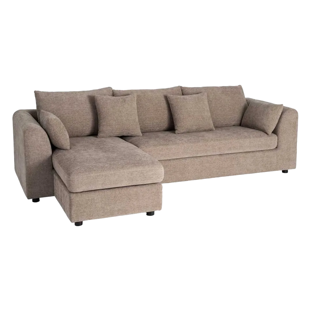 Sofá chaise longue 3 plazas tapizado en poliéster marrón claro con cojines desenfundables 260x164x76cm - Ixia - 616190IX - foto-transparente