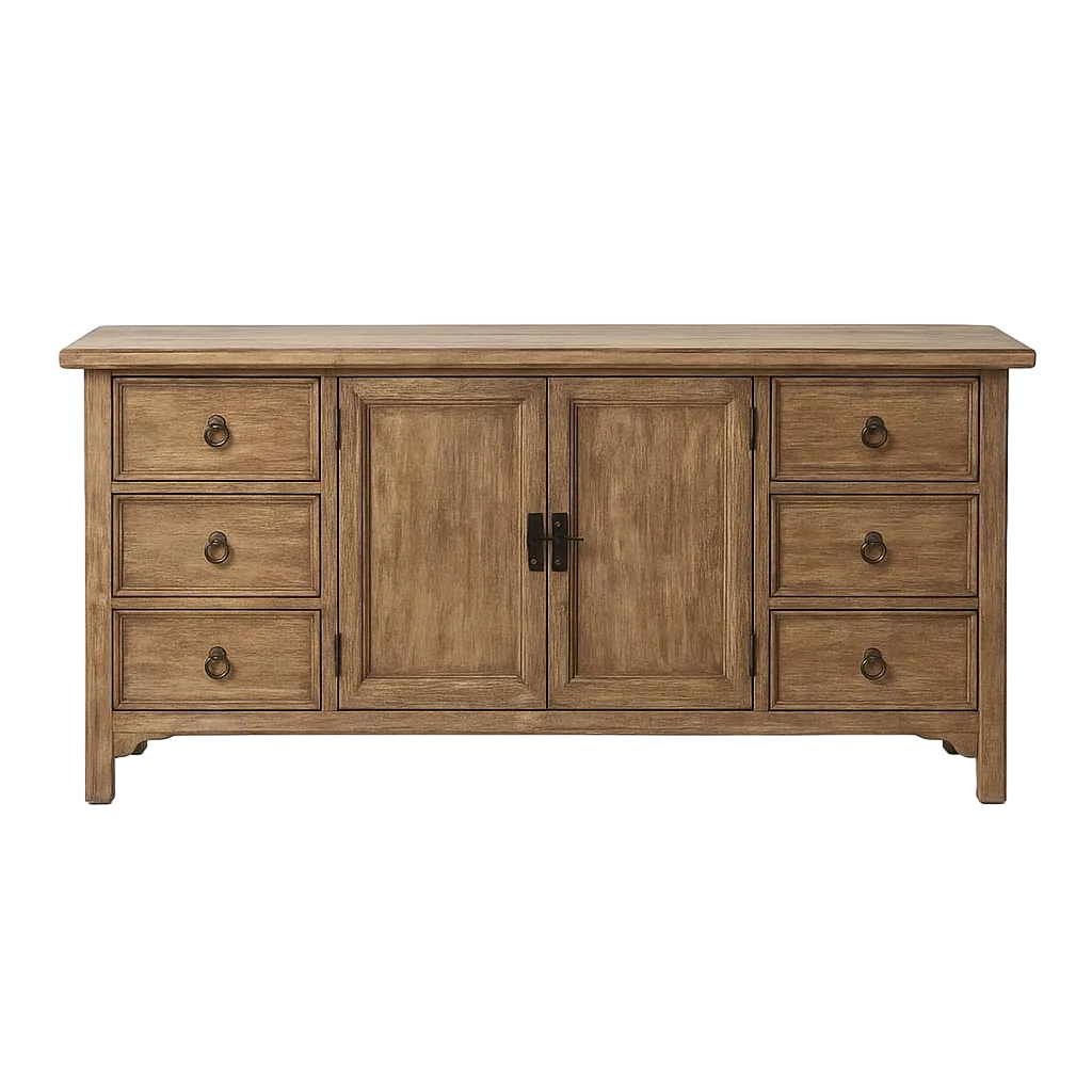 Aparador de madera de pino reciclada con cajones y puertas para salón 180x44x86cm - Ixia - 616207IX - foto-transparente