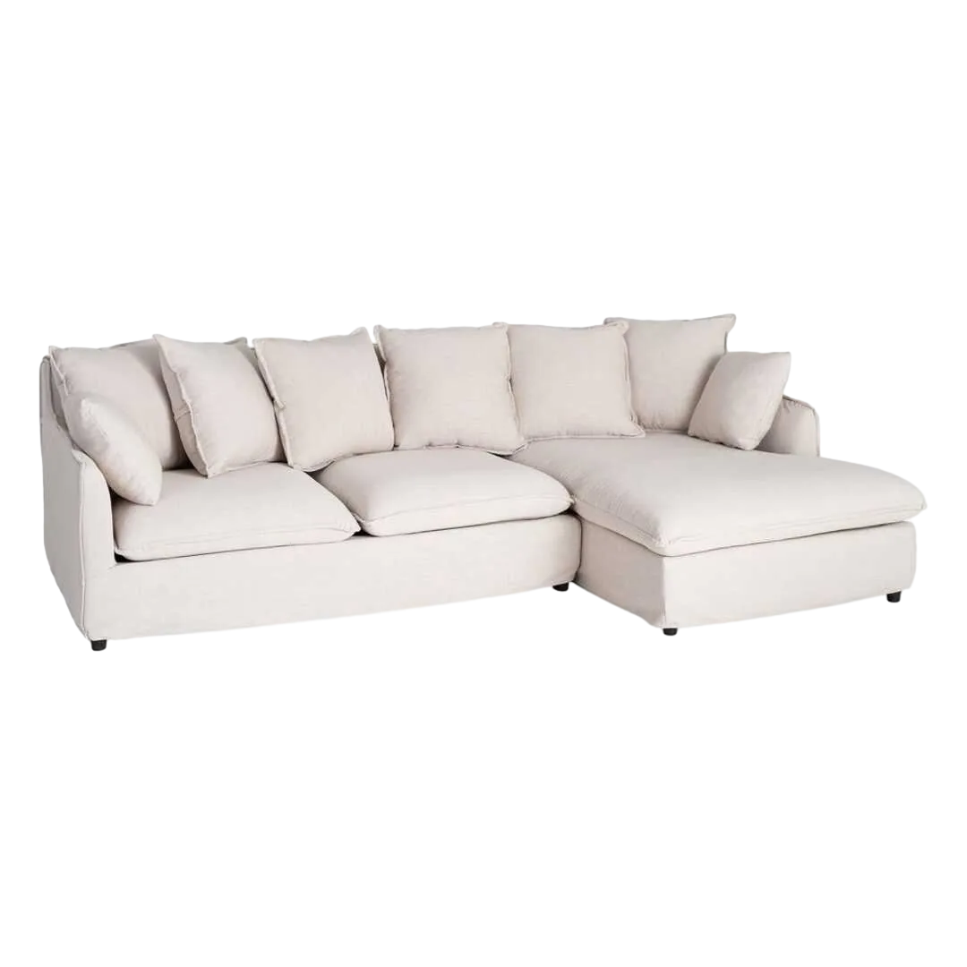 Sofá chaise longue beige en DM y tejido poliéster lino con cojines desenfundables y patas negras 252x158x84cm - Ixia - 616215IX - foto-transparente