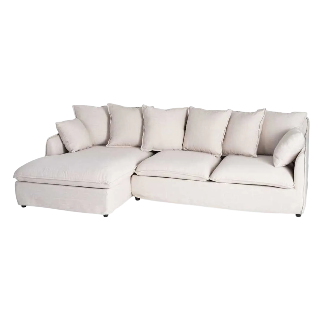 Sofá chaise longue beige en DM y tejido poliéster lino con cojines desenfundables y patas negras 254x158x84cm - Ixia - 616216IX - foto-transparente