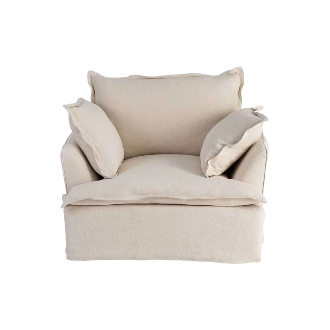 Sillón beige estructura madera de pino tapizado 20% lino 80% algodón patas negras cojines desenfundables 115x109x97cm - Ixia - 616217IX - foto-transparente