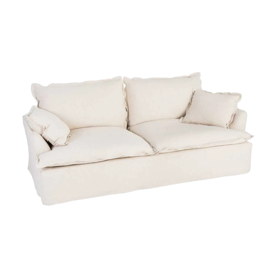 Sofá 3 plazas beige tapizado en lino y algodón estructura de madera de pino patas negras relleno pluma y espuma 230x109x90cm - Ixia - 616219IX - foto-transparente