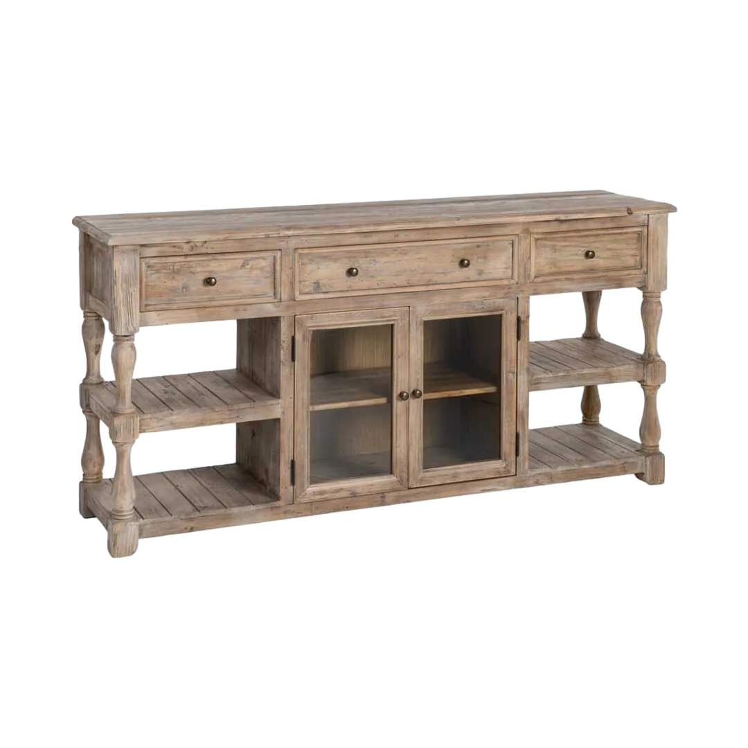 Aparador para salón en madera de pino reciclada y cristal con cajones y puertas 180x45x88cm - Ixia - 616222IX - foto-transparente