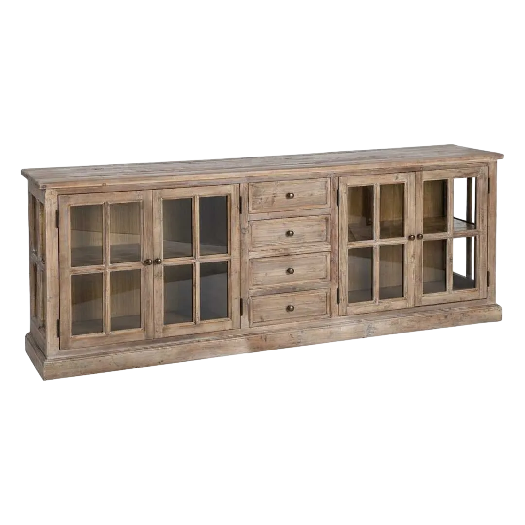 Aparador en madera de pino reciclada y cristal para salón 220x45x80cm - Ixia - 616225IX - foto-transparente