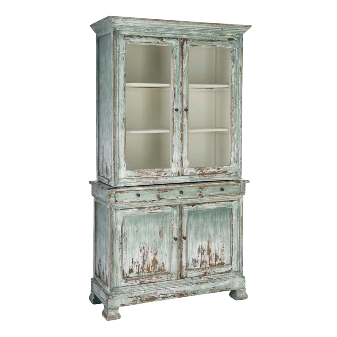Alacena en madera reciclada de pino y cristal para salón con puertas y cajones 120x47x218cm - Ixia - 616233IX - foto-transparente