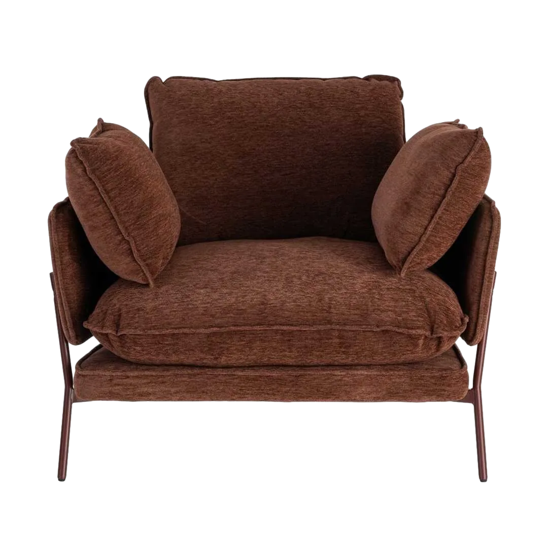 Sillón marrón oscuro tapizado en tejido con estructura metálica e incluye 2 cojines 95x80x79cm - Ixia - 616364IX - foto-transparente
