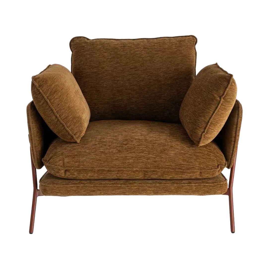Sillón tapizado en tejido marrón claro con estructura metálica y 2 cojines 95x80x79cm - Ixia - 616365IX - foto-transparente
