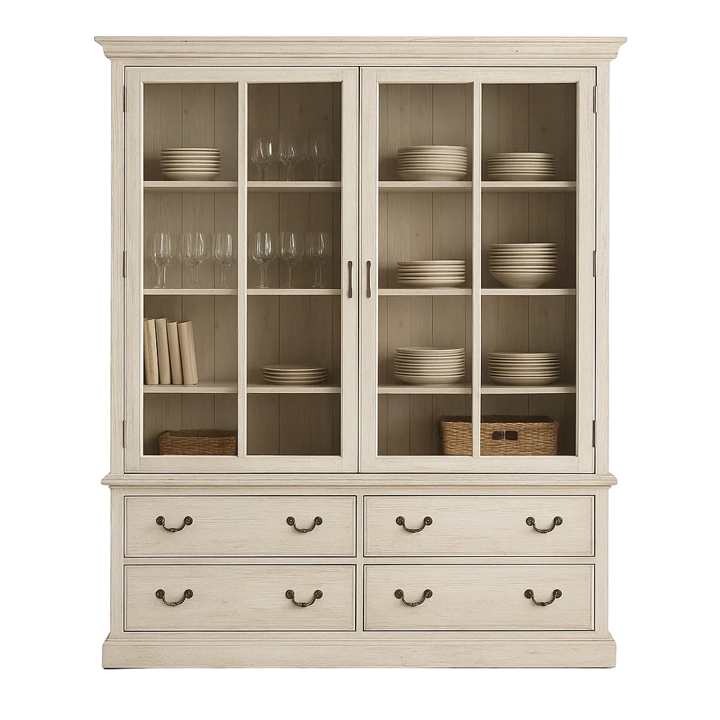 Alacena blanco rozado en madera de pino con puertas y cajones y cristal 180x44x240cm - Ixia - 616392IX - foto-transparente