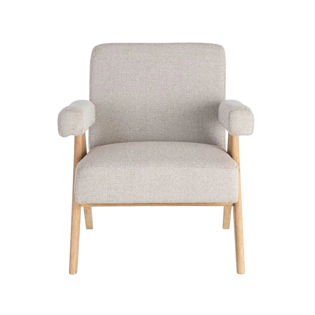 Sillón beige tapizado en tejido poliéster con estructura en plywood y patas de madera 74x76x85cm - Ixia - 616422IX - foto-transparente