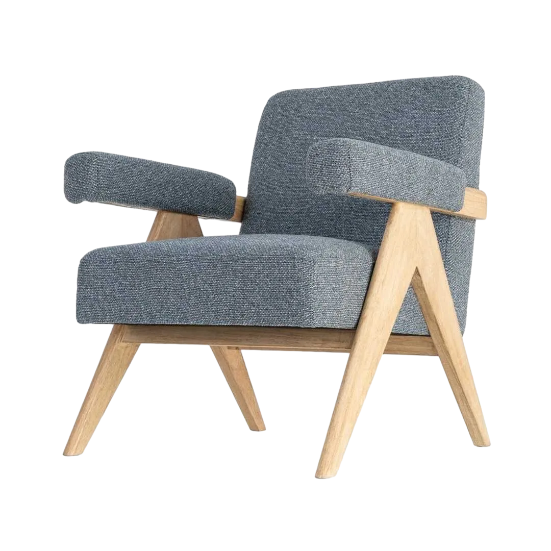 Sillón azul tapizado en poliéster con estructura plywood y patas de madera de caucho 74x76x85cm - Ixia - 616423IX - foto-transparente