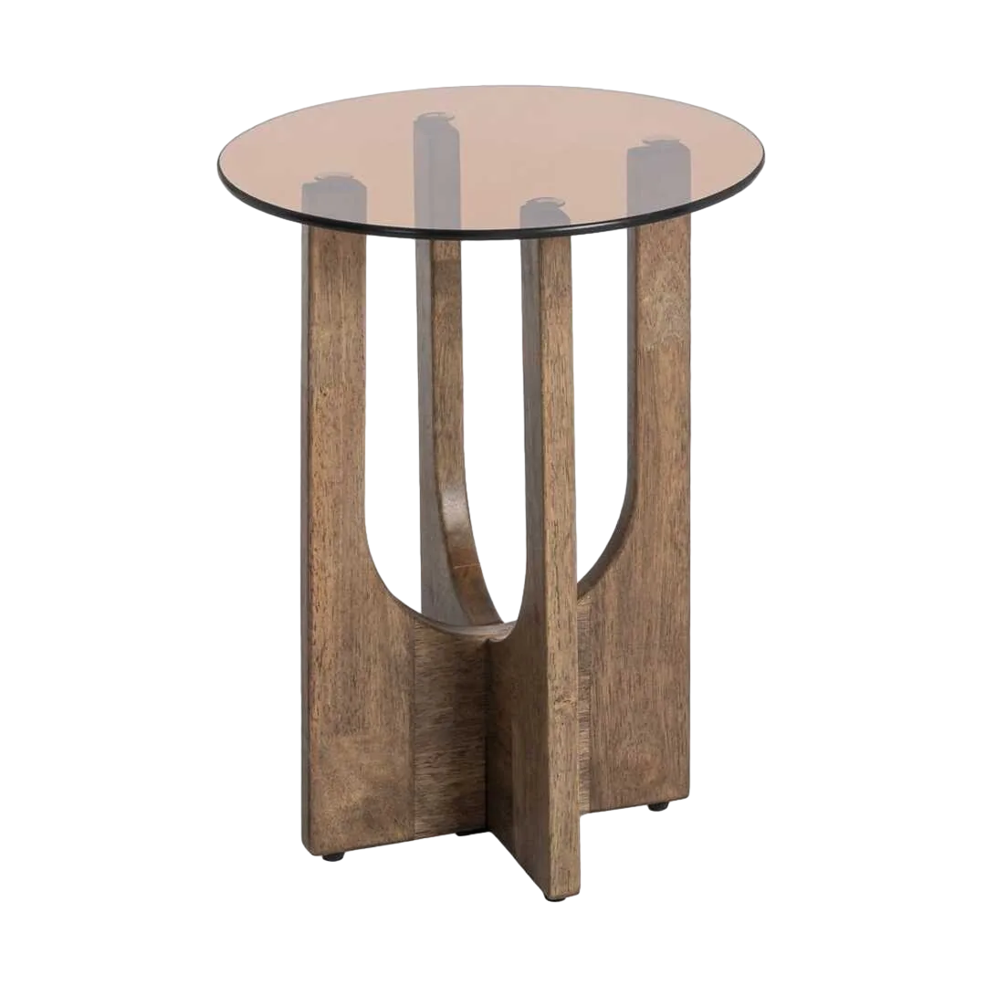 Mesa auxiliar marrón en madera de caucho y cristal templado 40x40x51cm - Ixia - 616454IX - foto-transparente