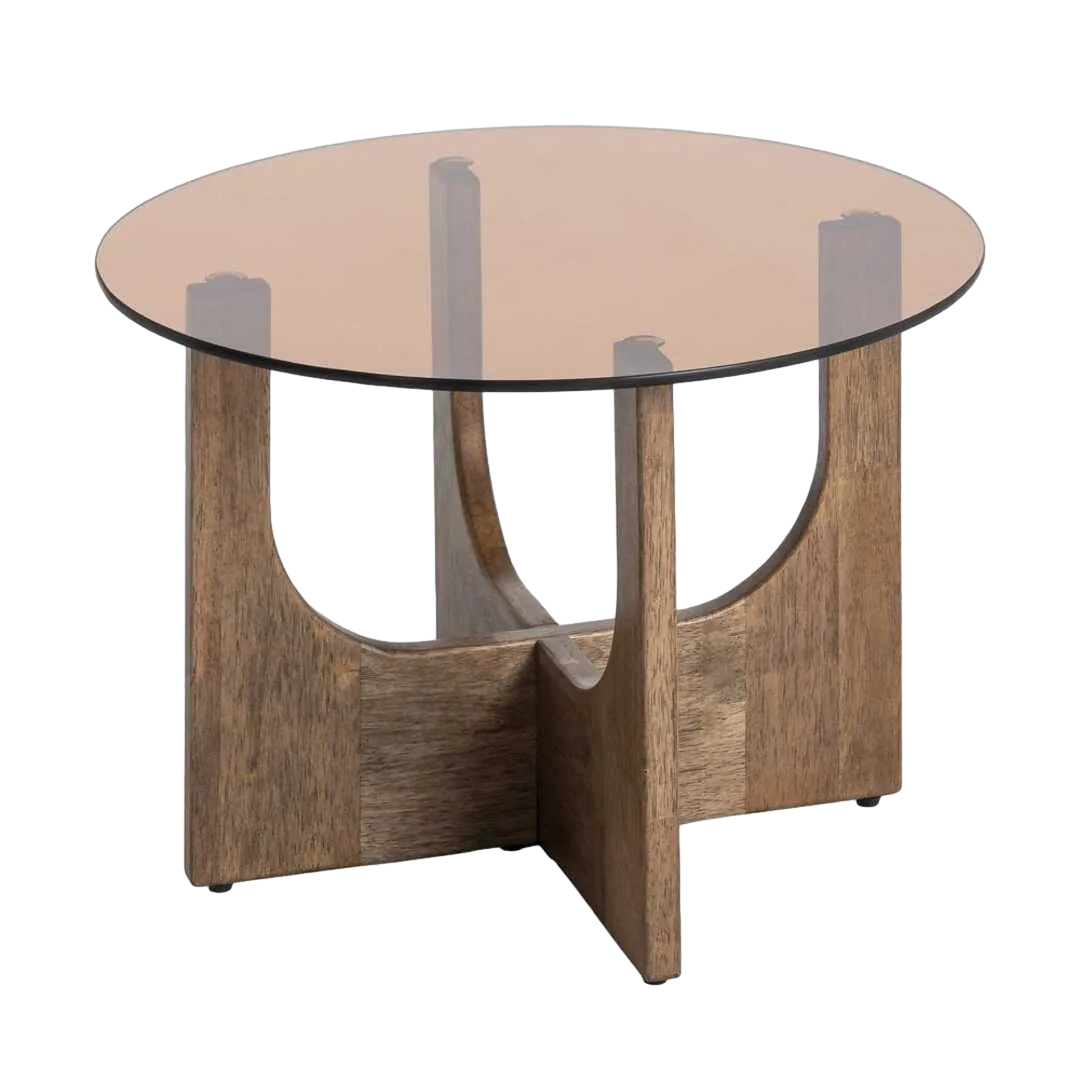 Mesa de centro marrón en madera de caucho y cristal templado 60x60x41cm - Ixia - 616455IX - foto-transparente