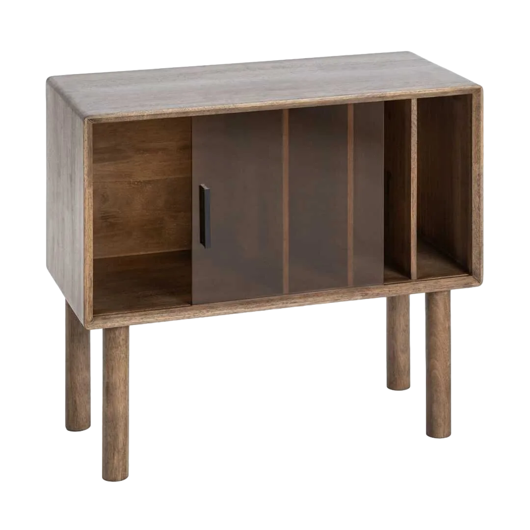 Mueble auxiliar marrón en madera de caucho y cristal templado 80x38x70cm - Ixia - 616457IX - foto-transparente