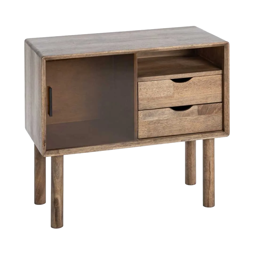 Mueble auxiliar marrón en madera de caucho y cristal templado con cajón 80x38x70cm - Ixia - 616458IX - foto-transparente