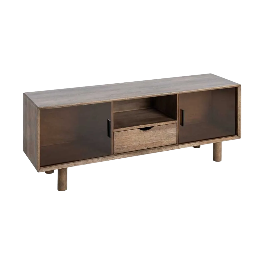 Mueble TV madera de caucho y cristal templado marrón con cajón y puertas y salida de cables - Ixia 150x40x55cm - Ixia - 616460IX - foto-transparente