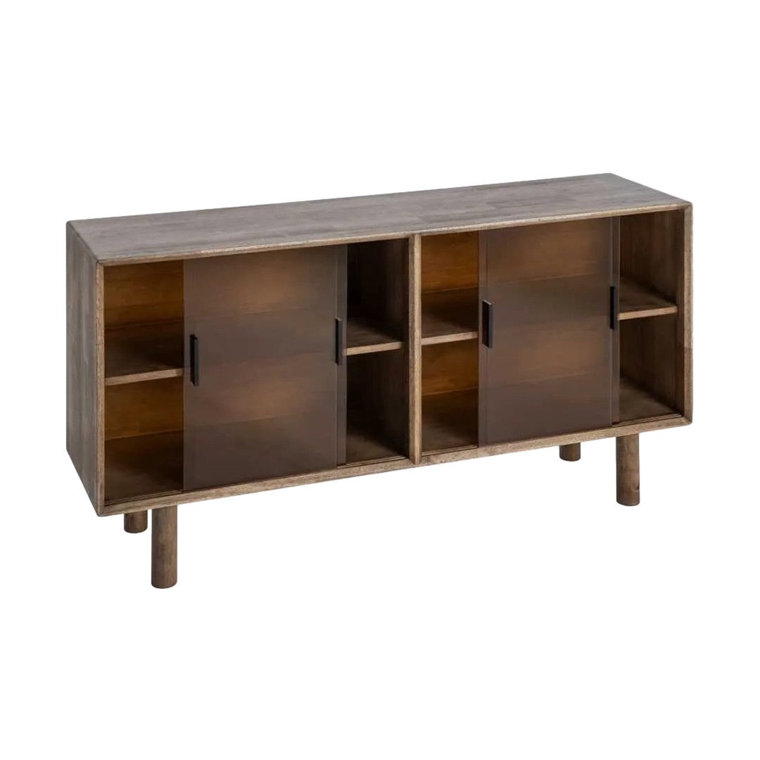 Aparador marrón en madera de caucho y cristal templado 160x46x80cm - Ixia - 616462IX - foto-transparente
