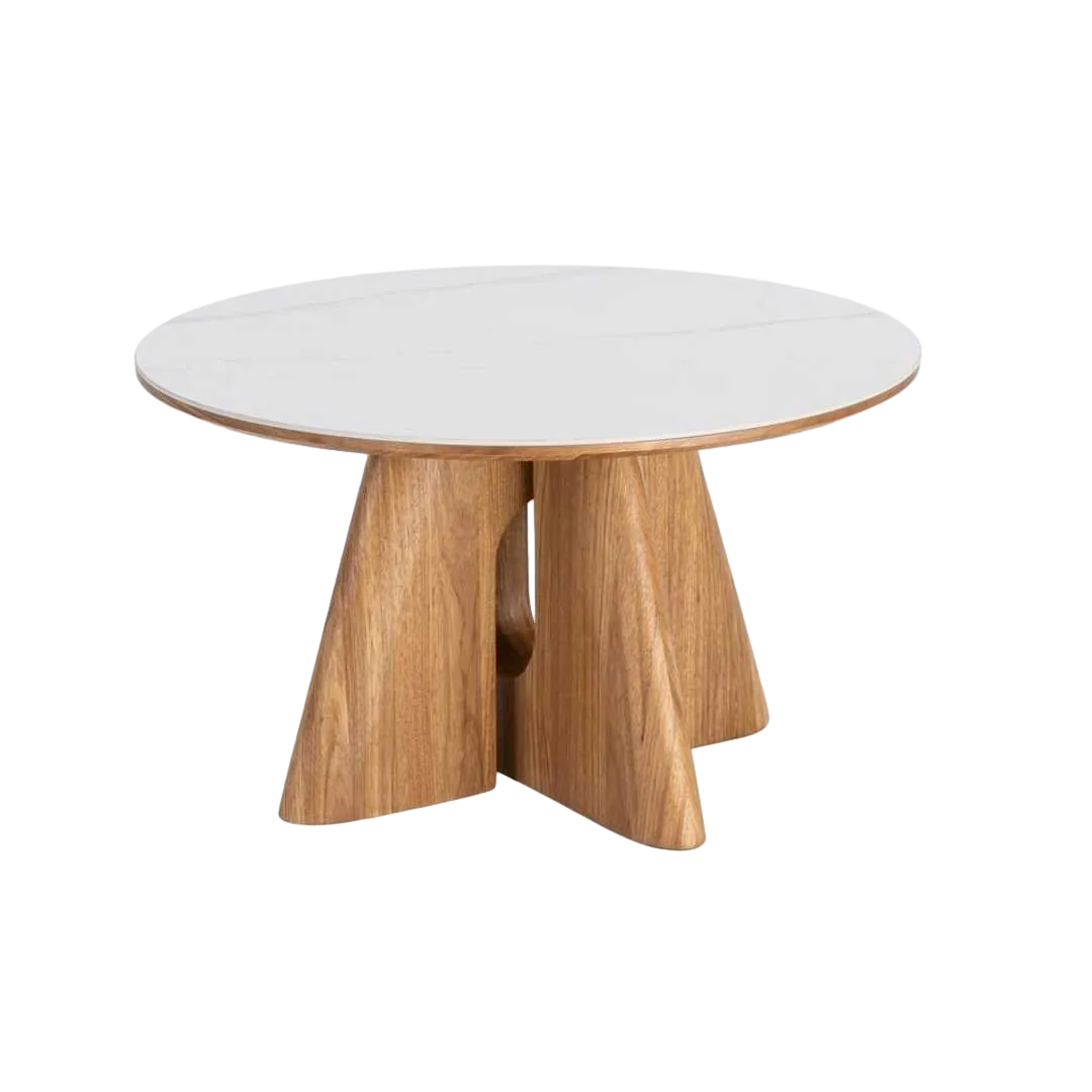 Mesa de centro beige y marrón con tablero cerámico patas en roble contrachapado 80x80x45cm - Ixia - 616507IX - foto-transparente