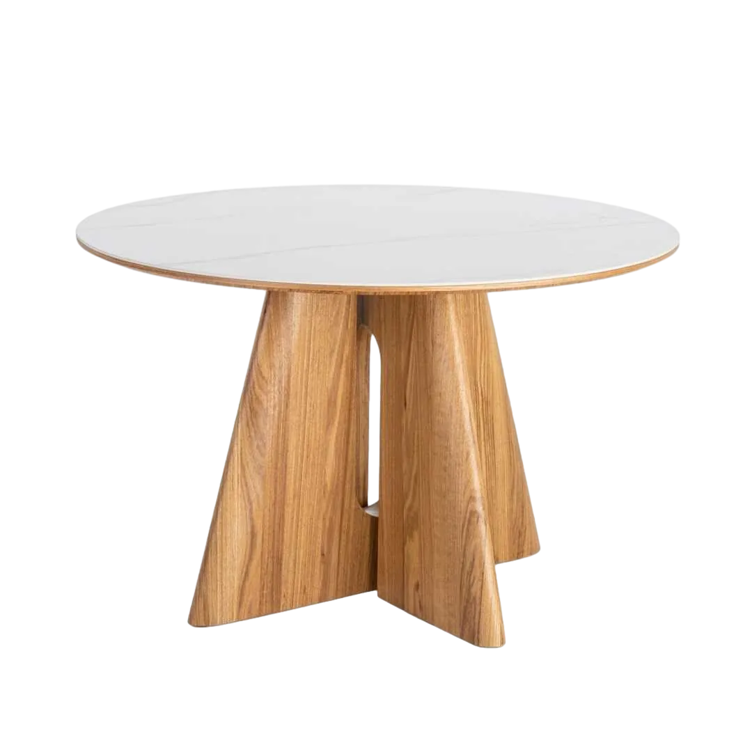 Mesa de comedor beige y marrón con tablero cerámico blanco sobre DM y patas de madera contrachapada natural 120x120x75cm - Ixia - 616508IX - foto-transparente