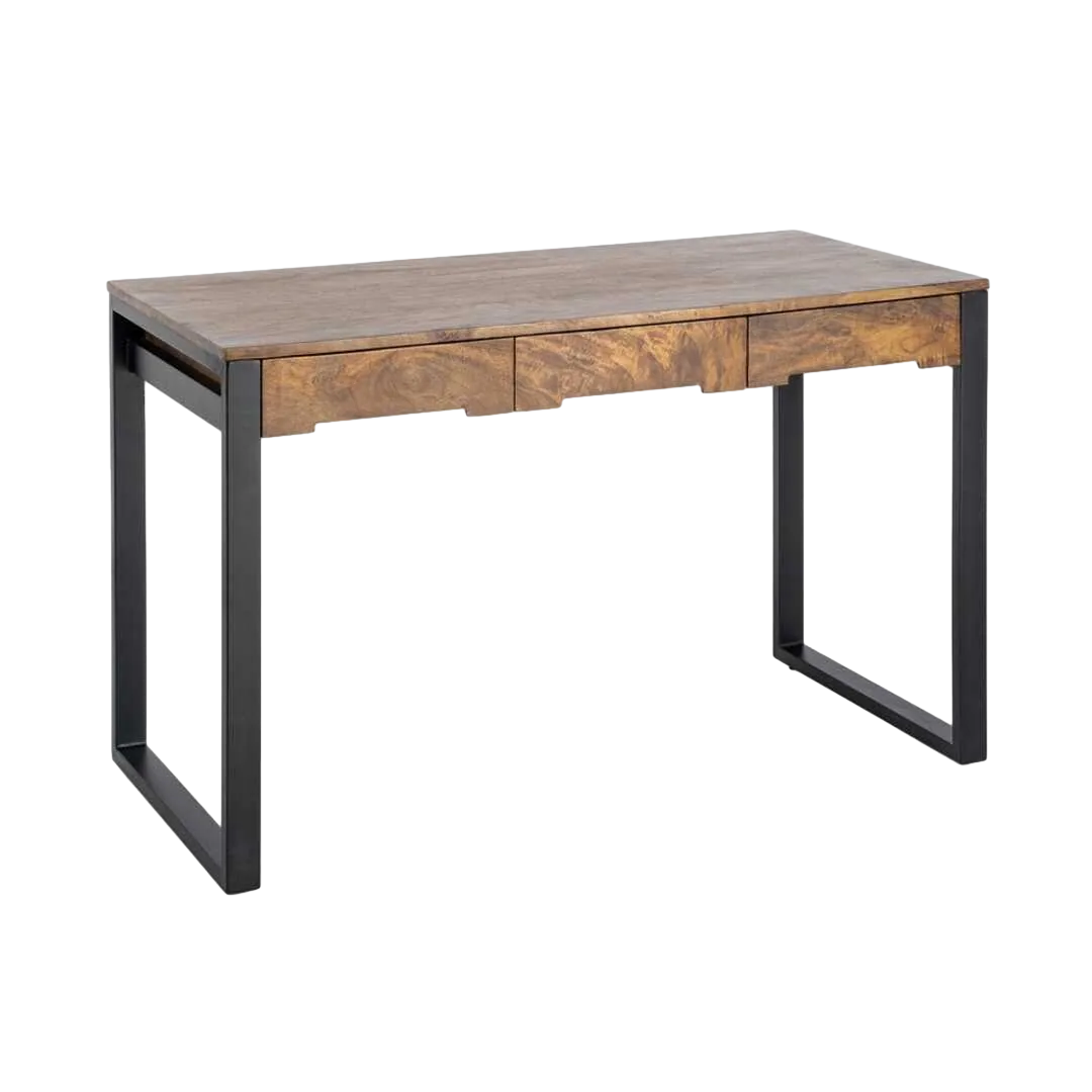 Escritorio de madera de mango color miel con patas de hierro y 3 cajones 125x60x76cm - Ixia - 616551IX - foto-transparente