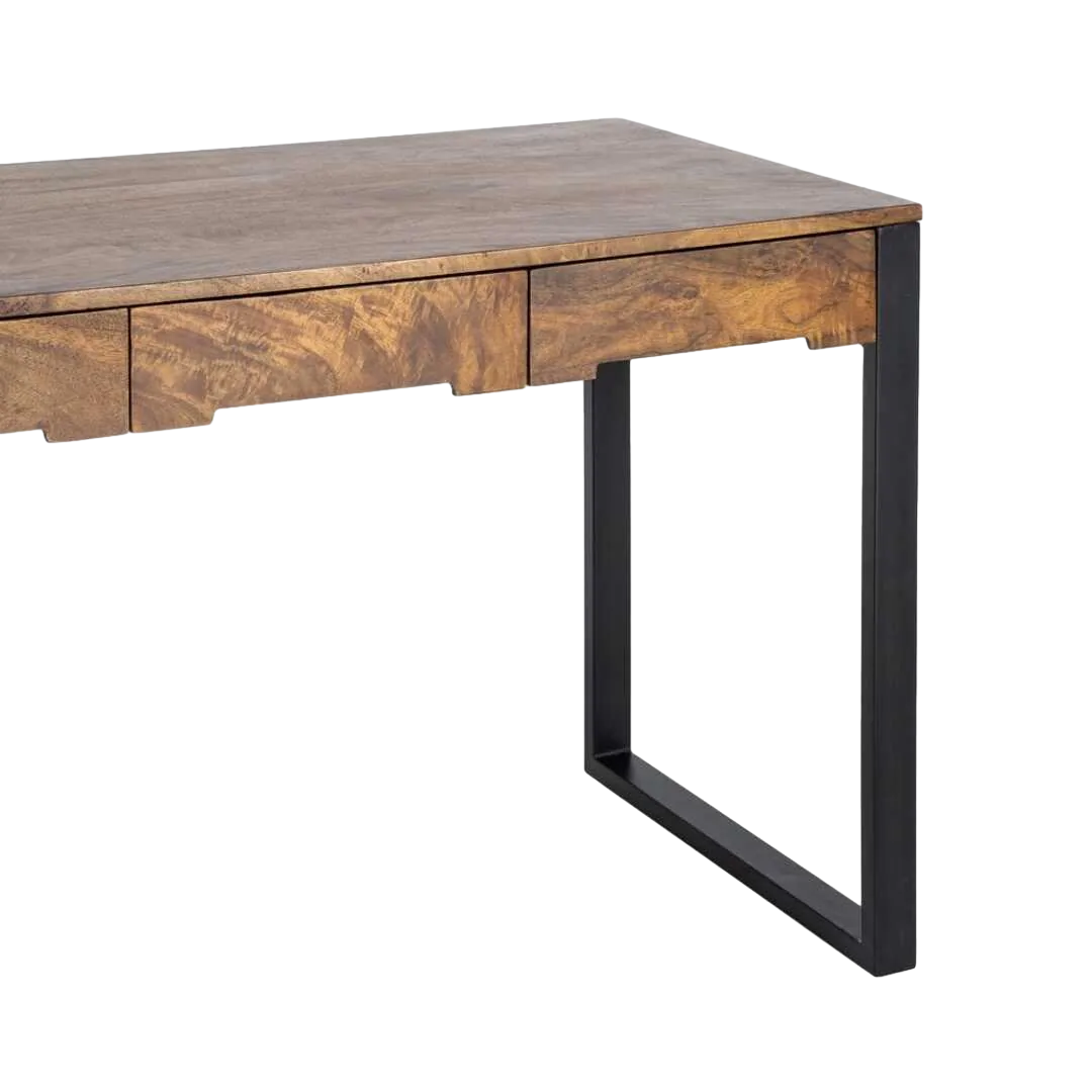 Escritorio en madera de mango color miel con patas de hierro y 3 cajones 125x60x76cm - Ixia - 616551IX - foto-transparente