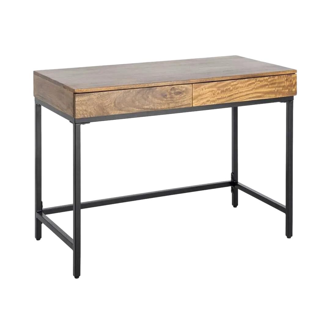 Escritorio color miel en madera de mango con patas de hierro y 2 cajones 110x55x78cm - Ixia - 616552IX - foto-transparente