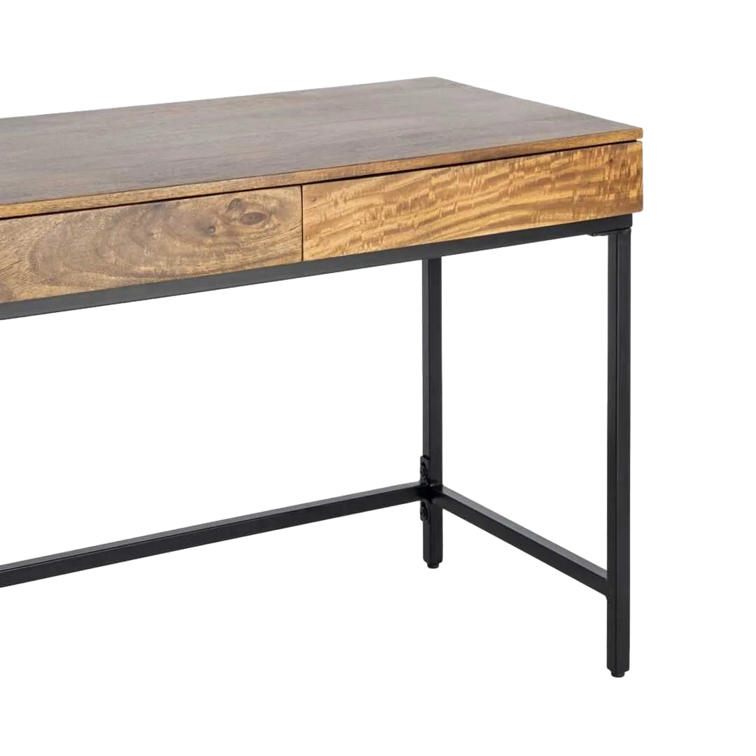 Escritorio miel en madera de mango con patas de hierro y 2 cajones 110x55x78cm - Ixia - 616552IX - foto-transparente