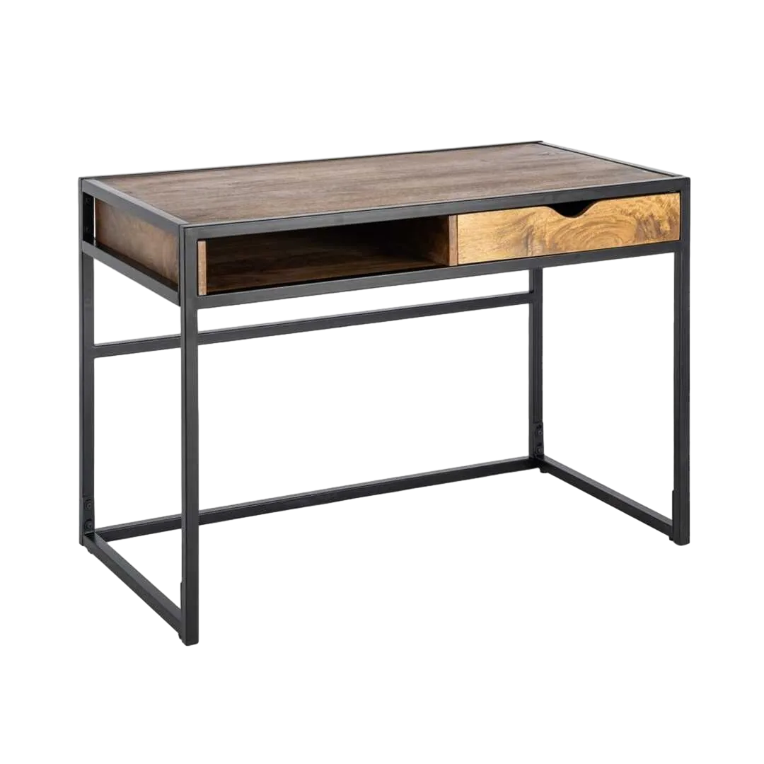 Escritorio en madera de mango color miel con patas de hierro y cajón 110x60x76cm - Ixia - 616553IX - foto-transparente